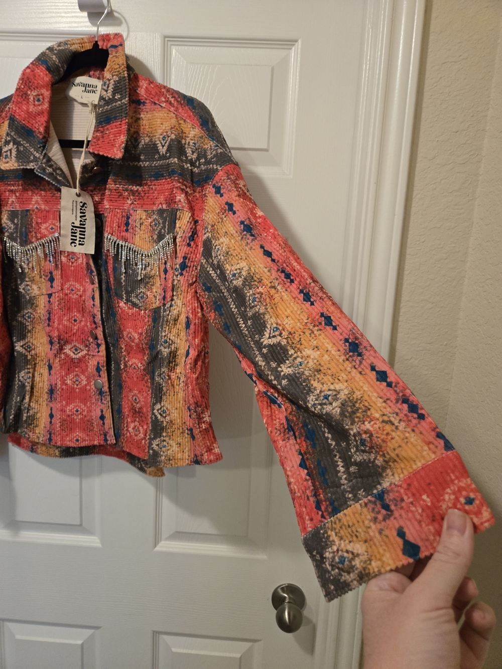 Savanna Jane Women's Red Patterned Fringe Corduroy Jacket - Picture 8 of 12